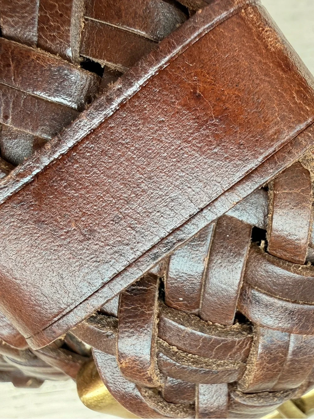 Vintage Woven Leather Belt Brown Brass Buckle Y2K Double Prong Small Medium